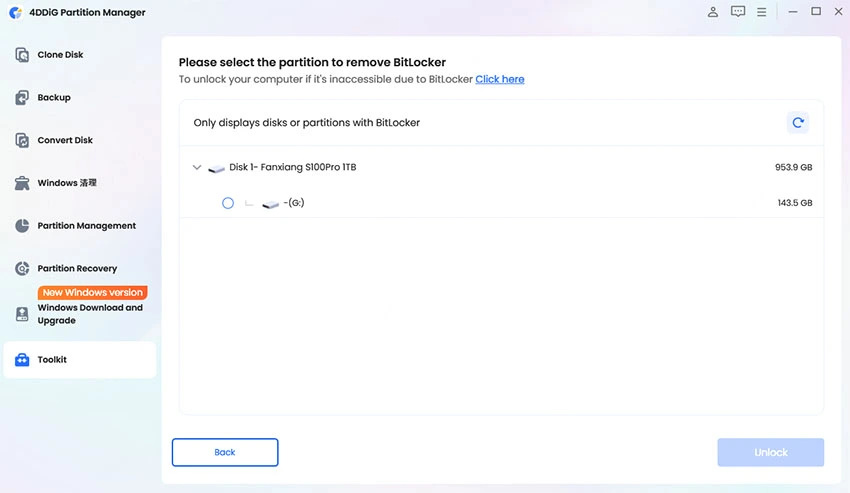 click unlock button to remove bitlocker