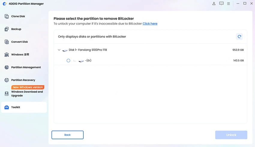 sélectionner la partition à déverrouiller