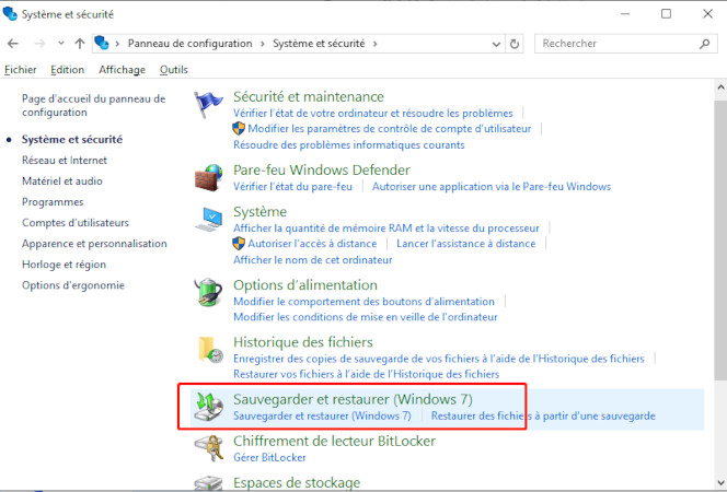 Sélectionner Sauvegarde et restauration sur Windows