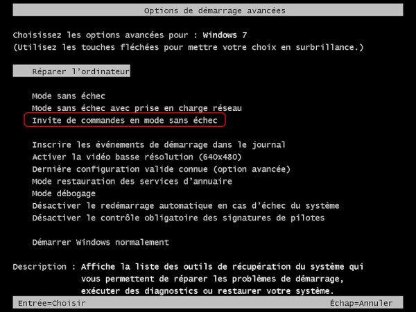 réparer votre ordinateur sur les options de démarrage avancées