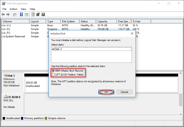 Sélectionnez le style de partition MBR ou GPT