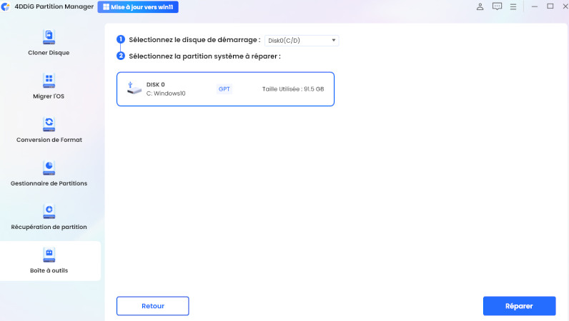 Sélectionnez le disque et les partitions à réparer pour le démarrage