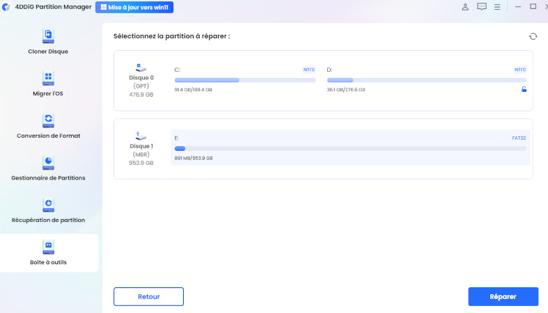 Commencer à réparer le disque qui présente l'erreur