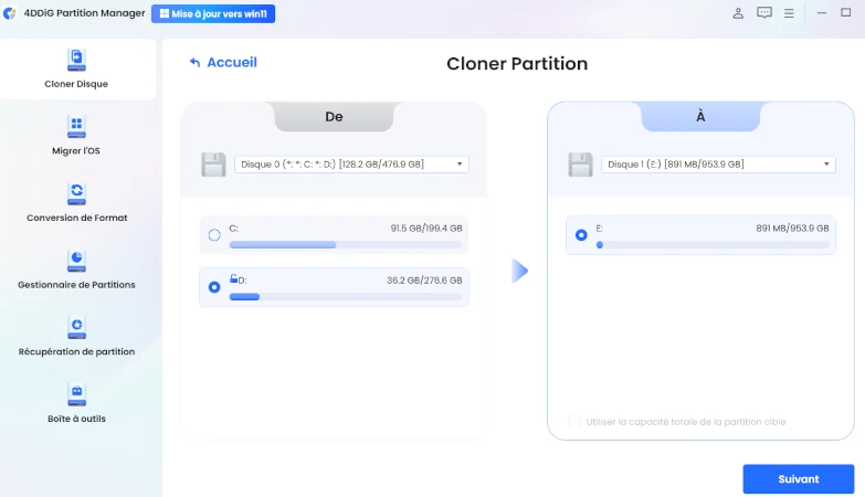 Select a source partition you want to clone from and a target partition