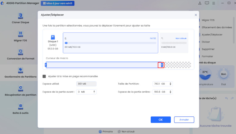 définir la taille des partitions de disque