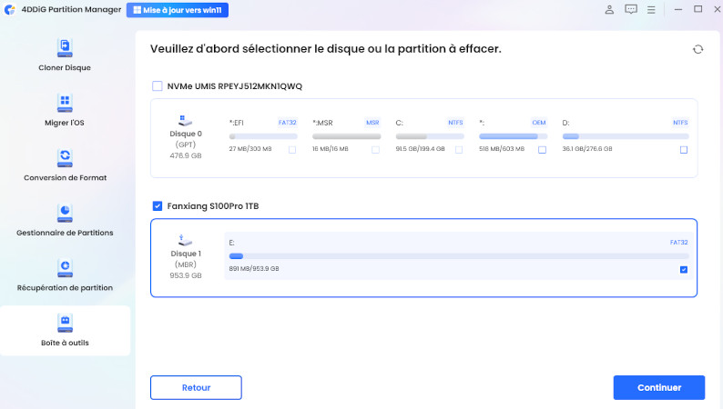 continuer l’effacement du disque