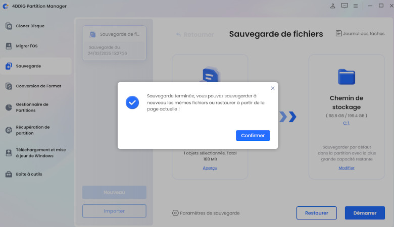 sauvegarde des fichiers terminée