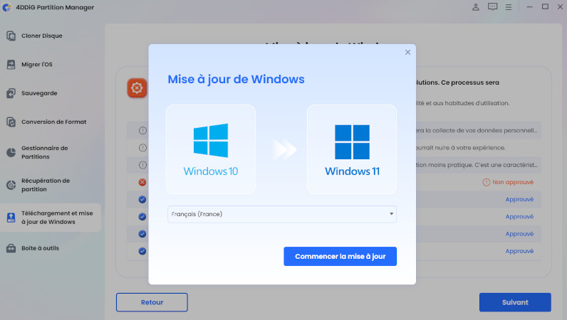Sélectionnez démarrer la mise à niveau