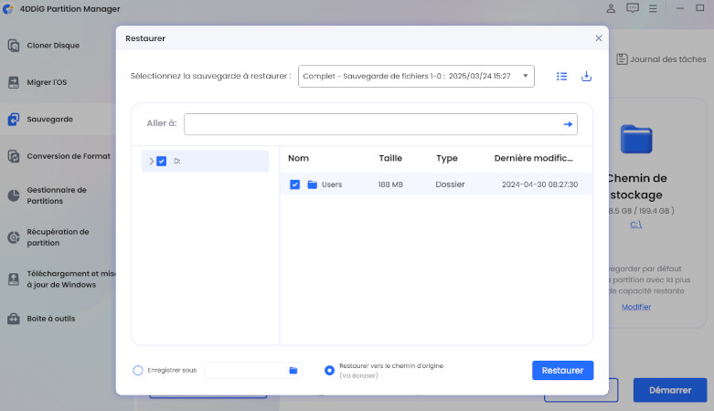 Choisir la sauvegarde de fichiers à restaurer