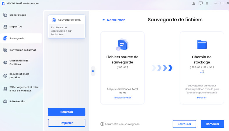 Sélectionnez une destination de sauvegarde