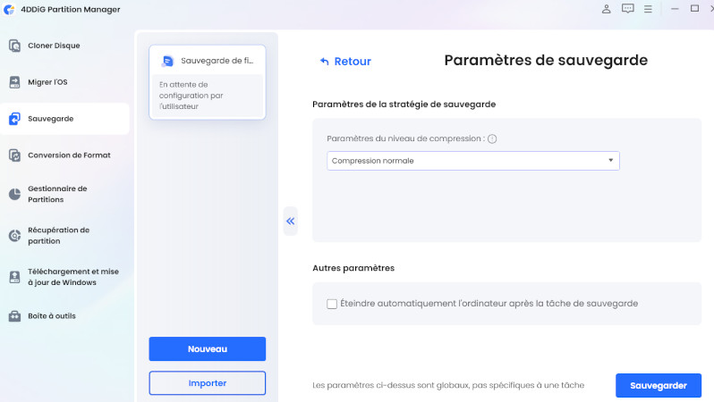 personnaliser les paramètres de sauvegarde et démarrer la sauvegarde