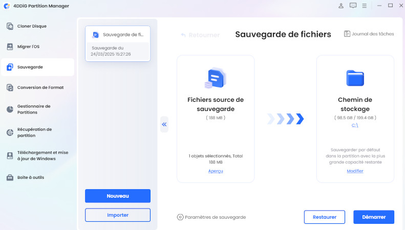 Sélectionner le bouton de restauration sur le gestionnaire de partitions 4DDiG