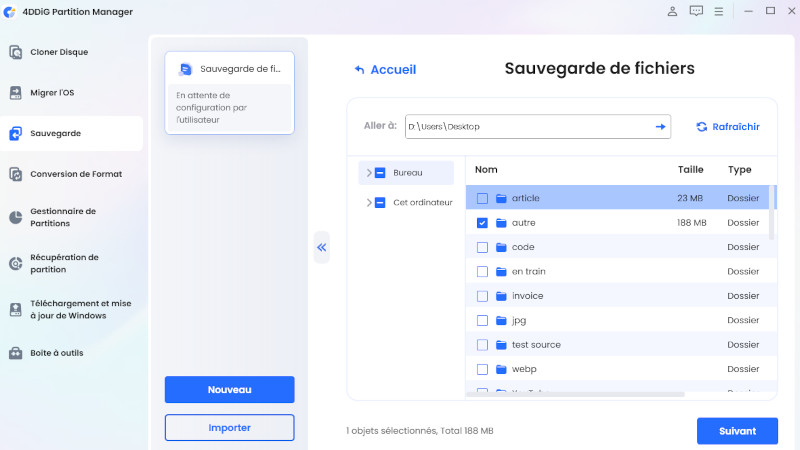 sélectionner les fichiers et dossiers à sauvegarder