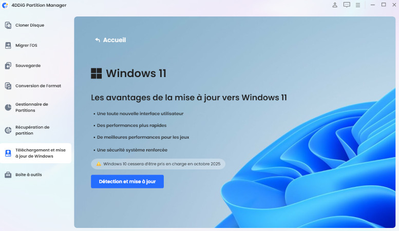 Sélectionnez l'option de détection et de mise à niveau