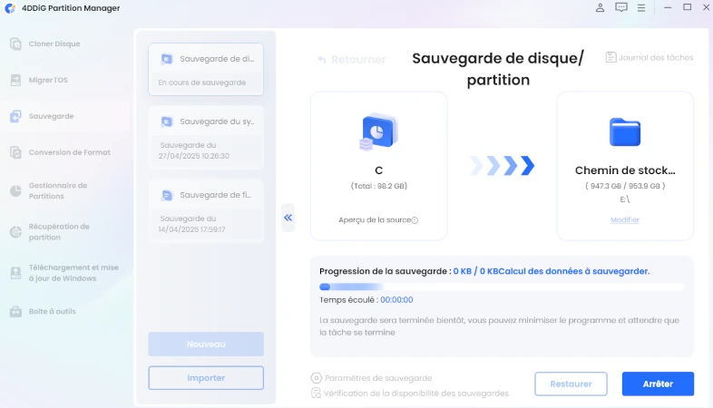 progression de la sauvegarde du disque