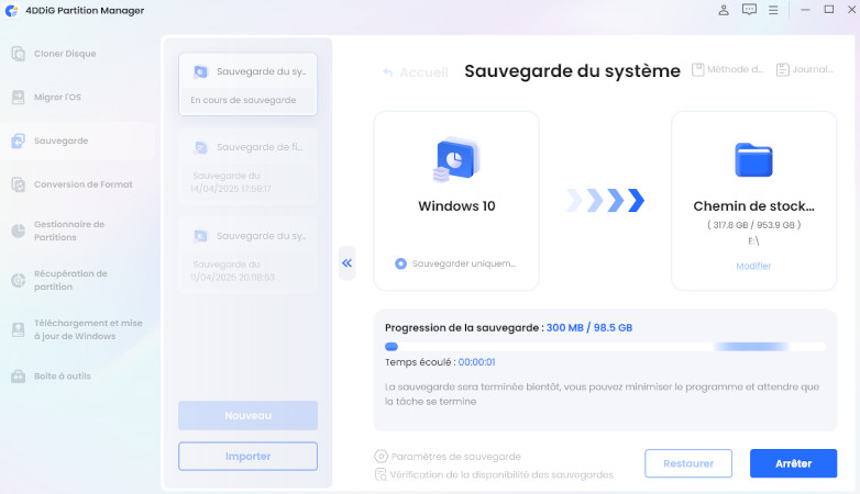 Choisissez le chemin de stockage et lancez la sauvegarde