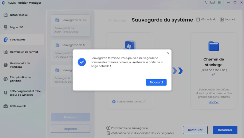 sauvegarde du système réussie