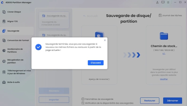 sauvegarde des partitions de disque terminée avec succès