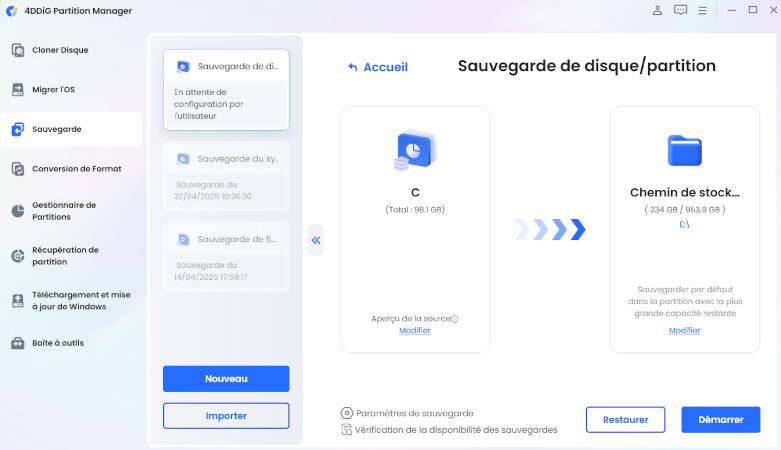 choisir le chemin de sauvegarde du disque ou de la partition