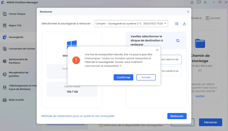 confirmer pour démarrer la restauration