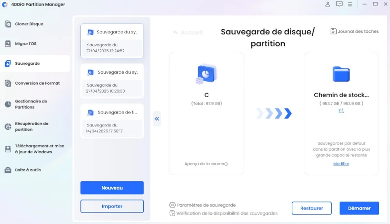 restaurer à partir d'une sauvegarde de disque ou de partition