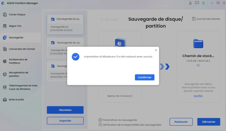 restauration de la partition terminée