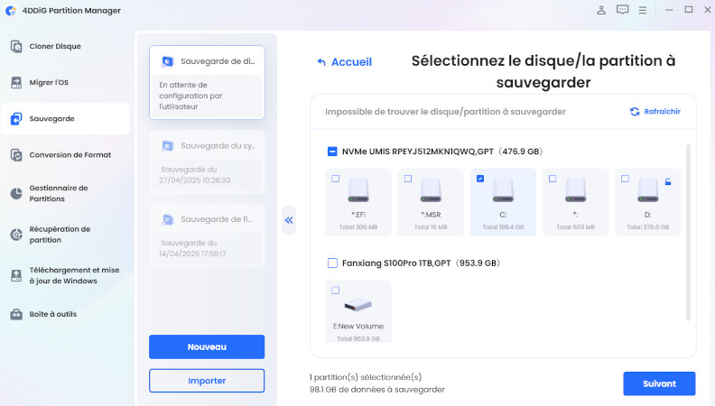 sélectionner les partitions de disque à sauvegarder