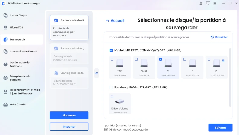 sélectionner le disque ou la partition à sauvegarder