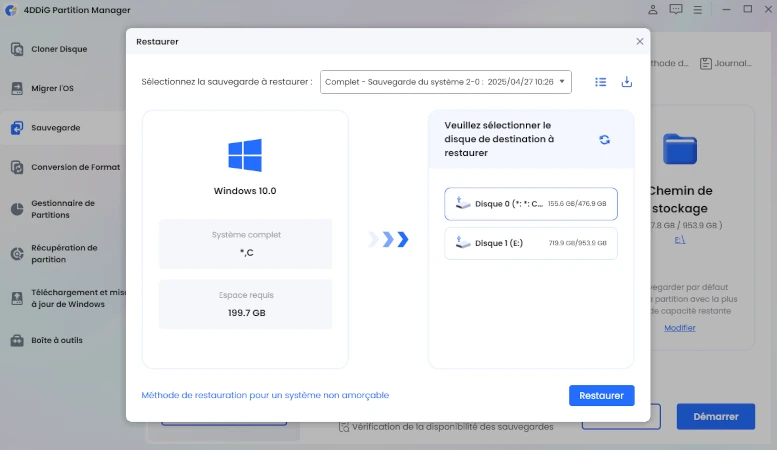 sélectionner la sauvegarde et le disque cible pour la restauration