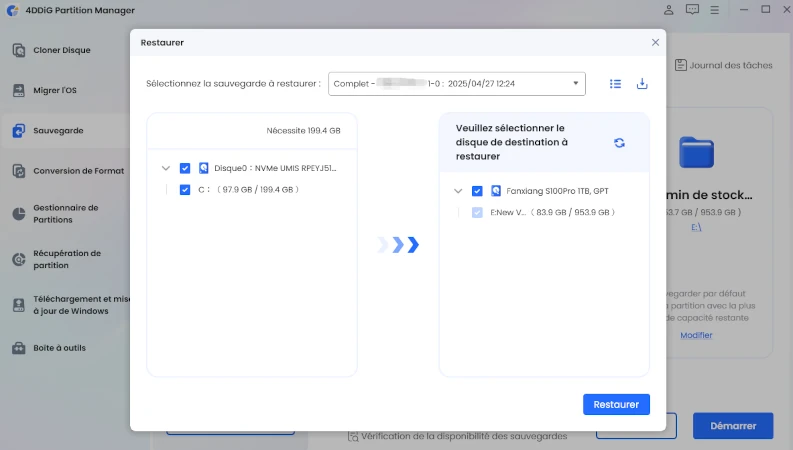 sélectionner la sauvegarde du disque ou de la partition