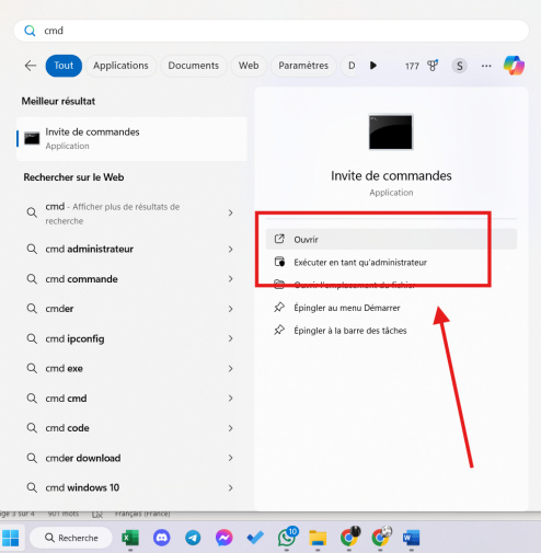 tapez cmd et exécutez en tant qu'administrateur