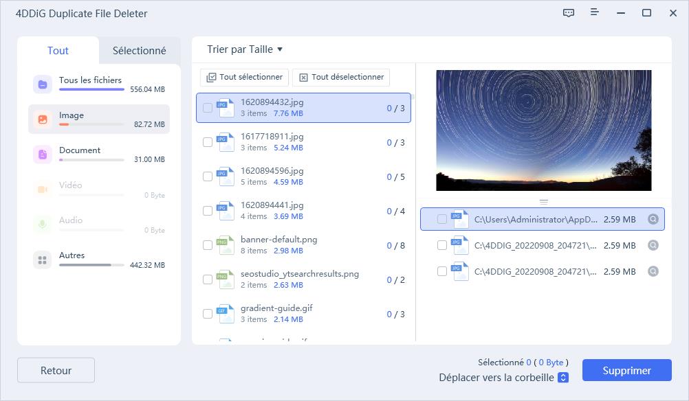 aperçu pour supprimer les fichiers en double