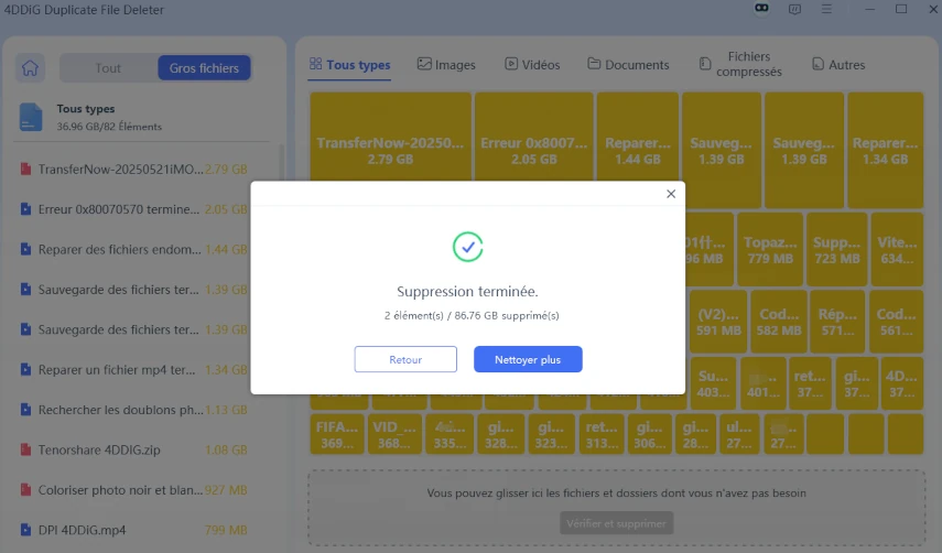 suppression des fichiers volumineux terminée