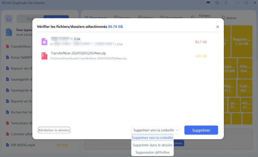 choisir les options de suppression pour les fichiers volumineux
