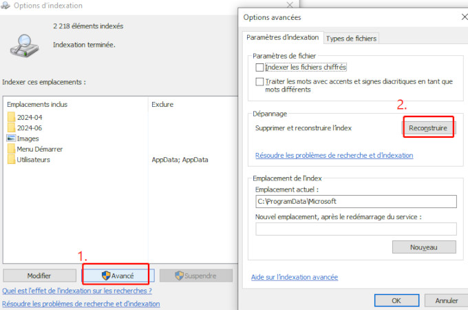 Reconstruire les index à partir du panneau de configuration