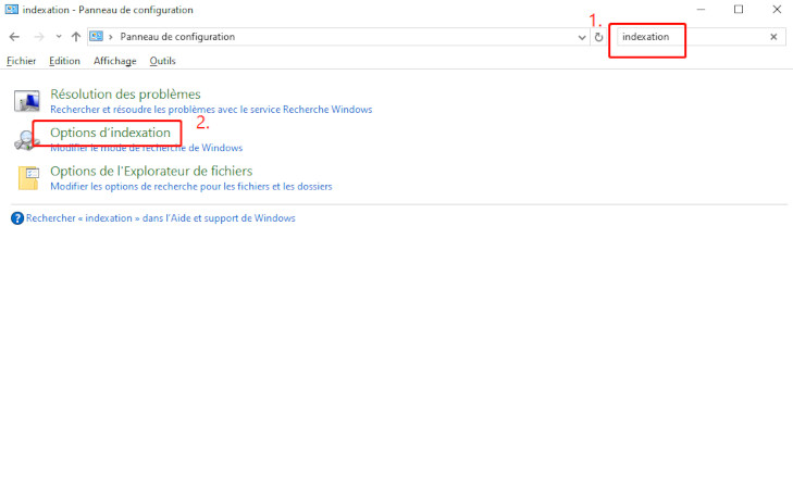 sélectionnez Options d'indexation