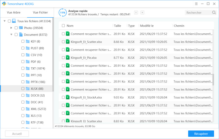 récupérer les fichiers excel sur pc