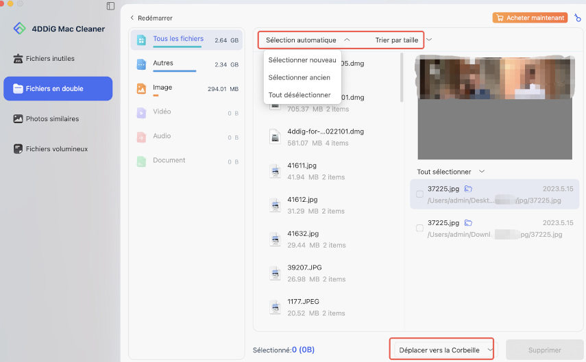 Aperçu pour supprimer les photos en double