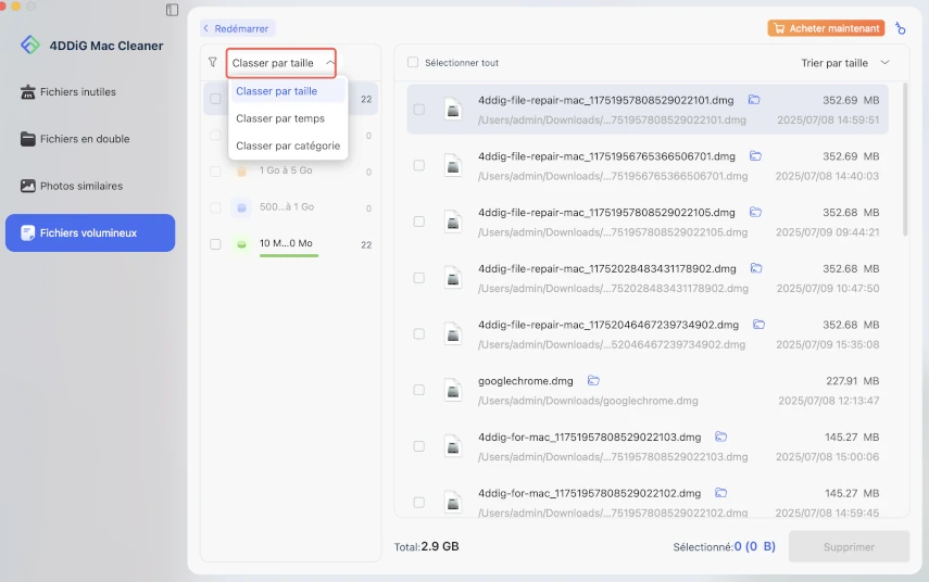 sélectionner les fichiers volumineux à supprimer sur mac