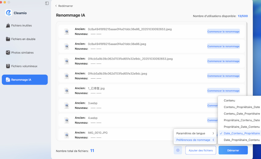 réinitialiser la langue de sortie et les paramètres d’affichage des fichiers renommés