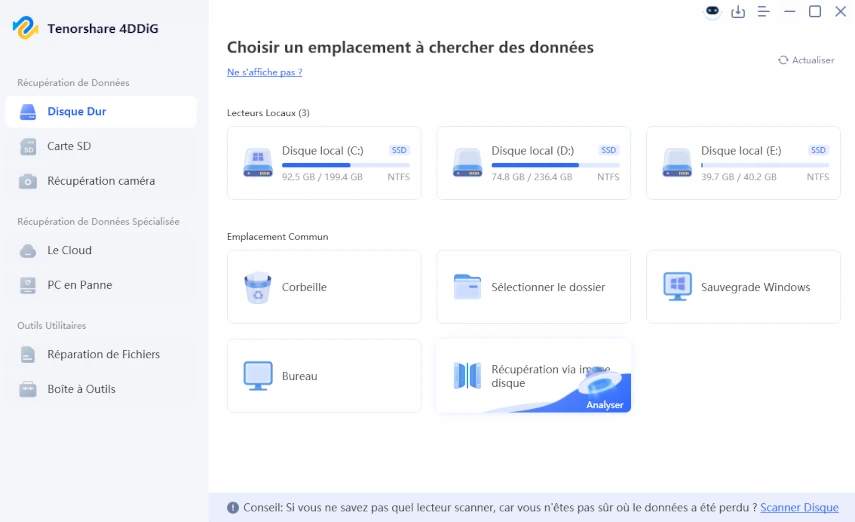 interface de récupération d’image disque