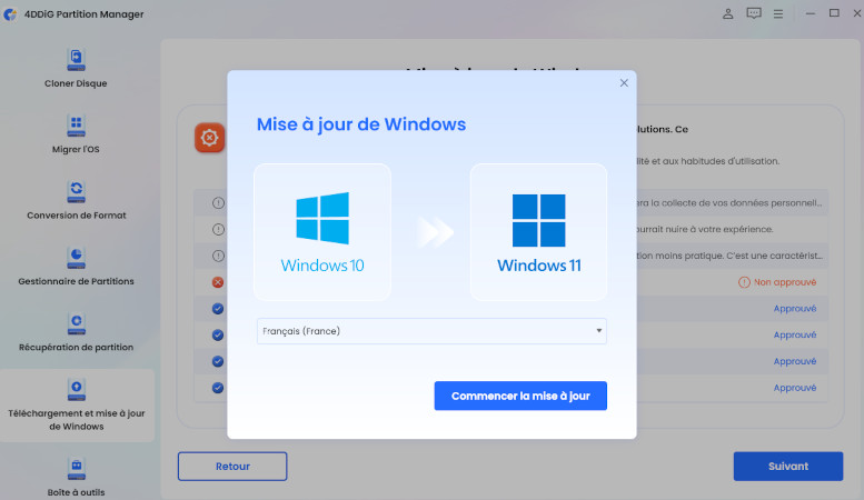 Cliquer sur Démarrer la mise à jour