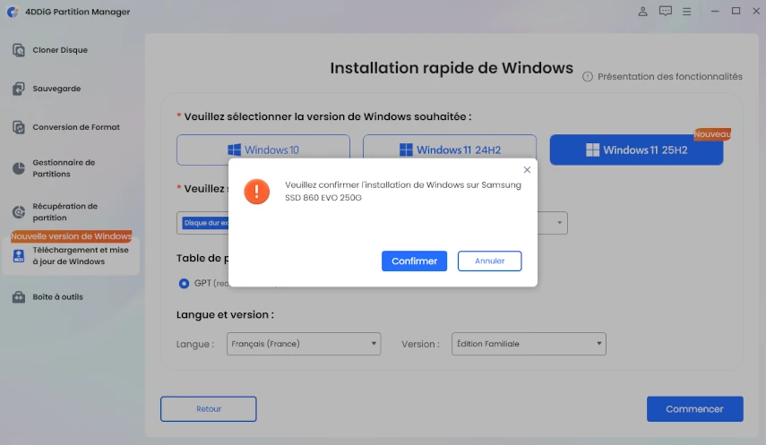 cliquer sur confirmer pour installer Windows rapidement