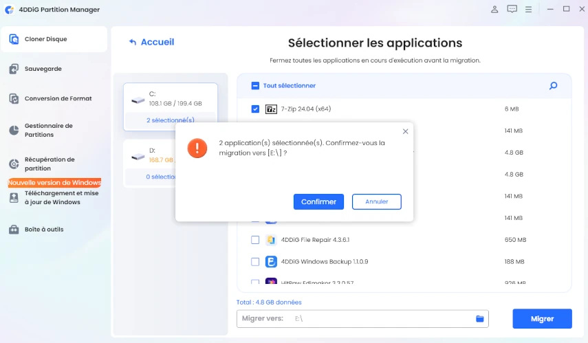 cliquer sur migrer et confirmer pour démarrer