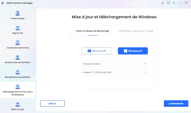 sélectionnez le disque dur externe connecté et cliquez sur démarrer