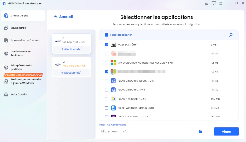 sélectionner les applications et le chemin de destination