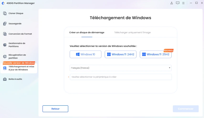 sélectionnez le disque dur externe connecté et cliquez sur démarrer