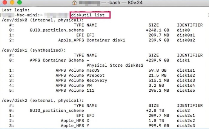 Tapez la commande diskutil list