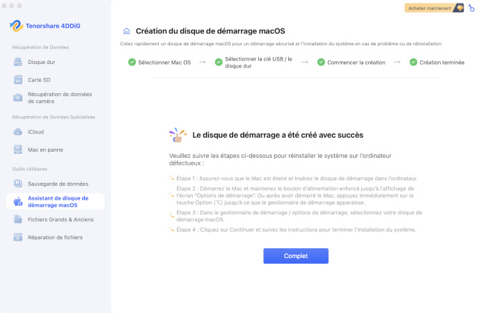 Disque de démarrage macOS créé avec succès