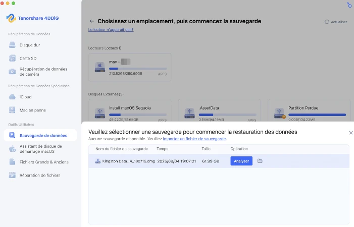 sélectionner le fichier de sauvegarde